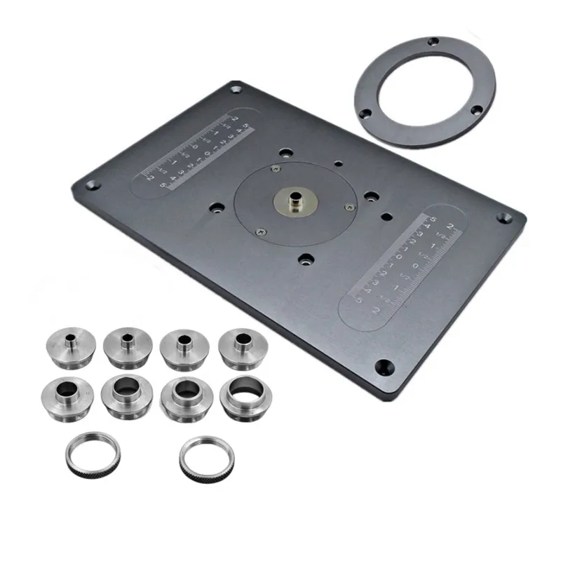 Router table insert plate w level loc rings and router template bushing
