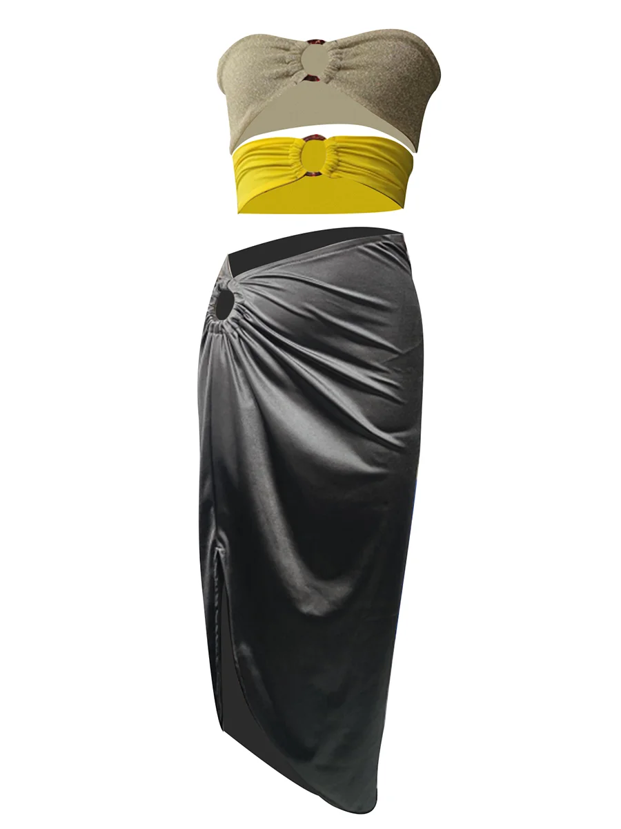 

Женский комплект из 2 предметов, блестящий топ контрастных цветов без бретелек и с запахом, асимметричная длинная юбка с рюшами, комплект на лето