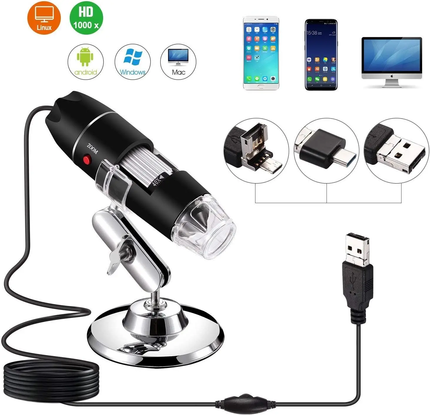 1000x 8 Led Usb 2.0 Digital Microscope Mini Camera With Otg Adapter And