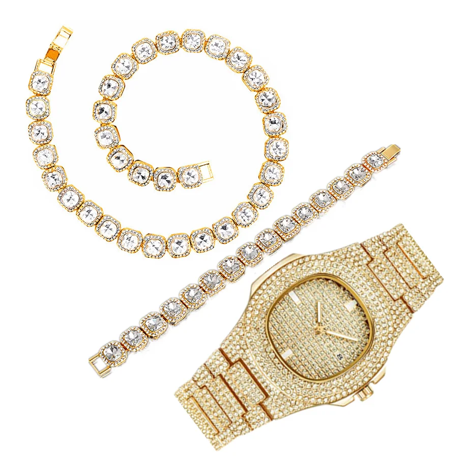 3PCS Iced Out Watch Bracelet Necklaces for Men Women Couple Gold Watch Link Chains Bling Bling Jewelry Set for Men Watches Reloj