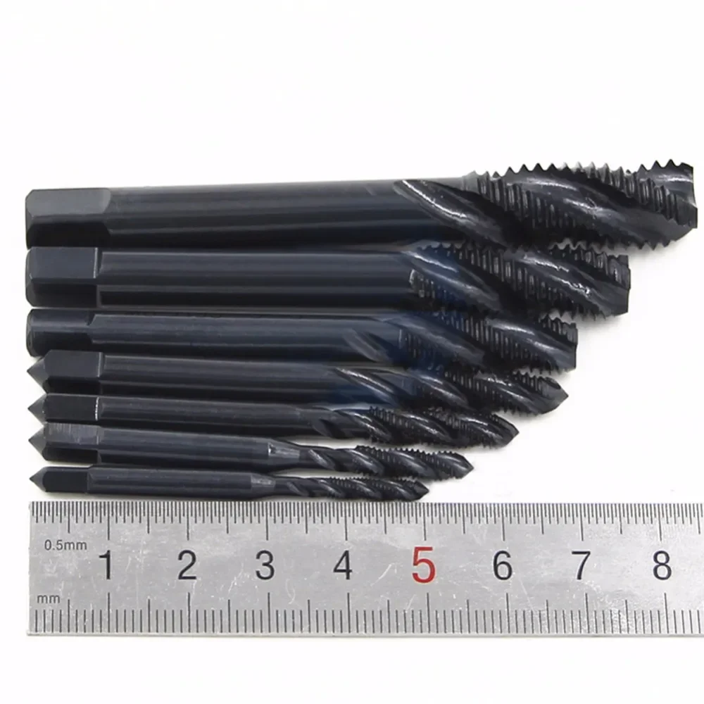 7개 세트 HSS6542 3mm 4mm 5mm 6mm 8mm 10mm 12mm 기계 나사탭, 미터법 나사산, 나선형 플루트 핸드 탭 드릴, 질화 처리된 플러그 탭