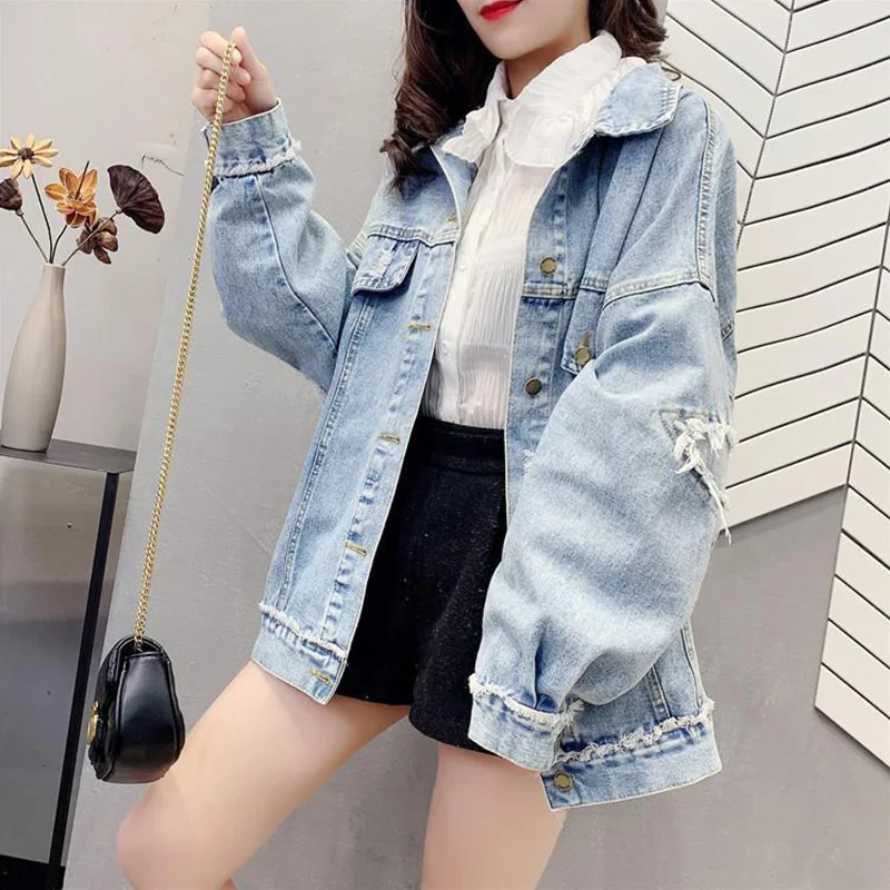 Fall Denim Wash FrayedCoat Women Long Slleve Jean Jacket 2023 New BF Style Casual Loose Denim Jackets Soild Oversize Outerwear ladiguard plus size 3xl men denim jackets long sleeve jean outerwear mens fashion jeans jacket 2022 spring new casual streetwear