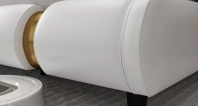 Description Picture 5 of itemModern Faux Leather Upholstered Platform Bed Frame with Golden Iron Metal Decor, Adjustable Curved Headboard, Queen White-golden