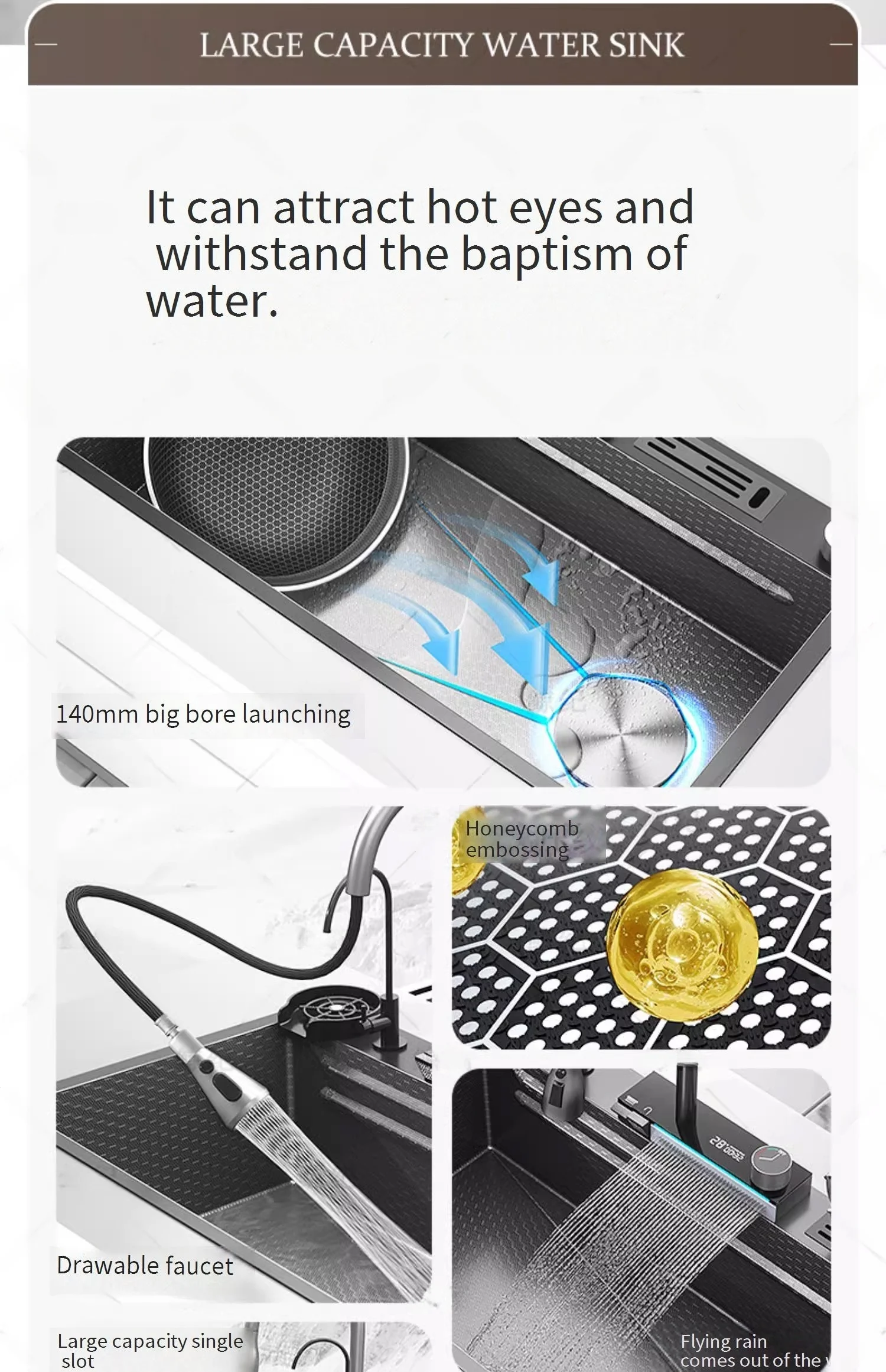 Description Picture 3 of itemStainless Steel Waterfall Kitchen Sink Embossed Extra Large Single Bowl Dishwashing pool Multifunctional Vegetable Wash Basin