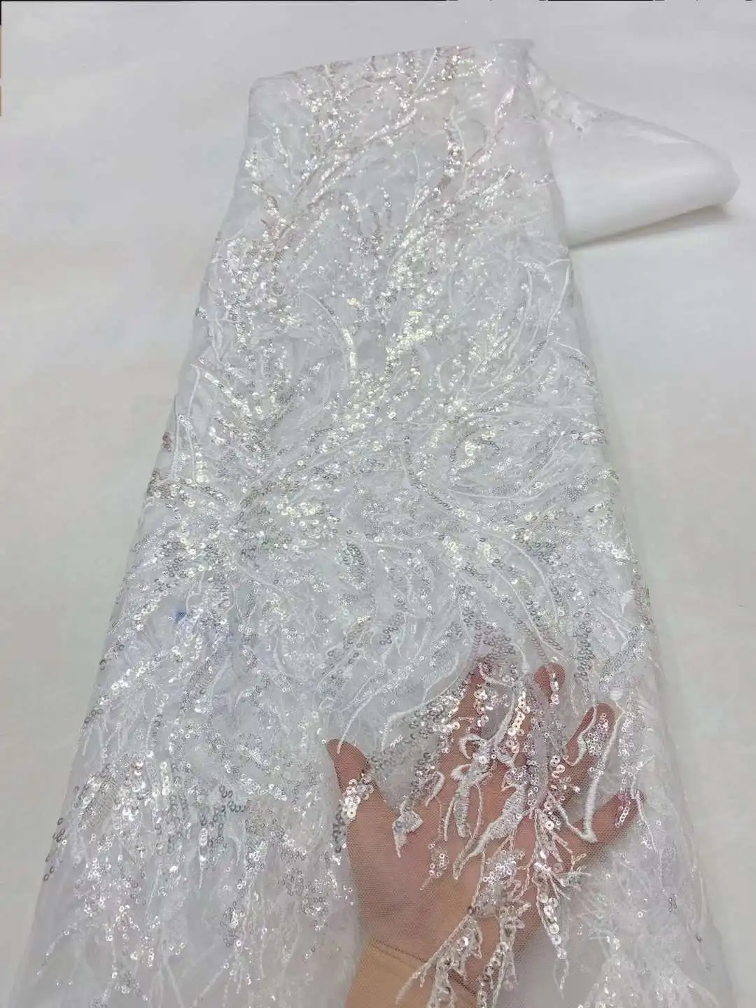 White African Sequins Lace Fabric 2024 High Quality Nigerian French Tulle Lace Fabric For Sewing Luxury Party Dresses 5 Yards