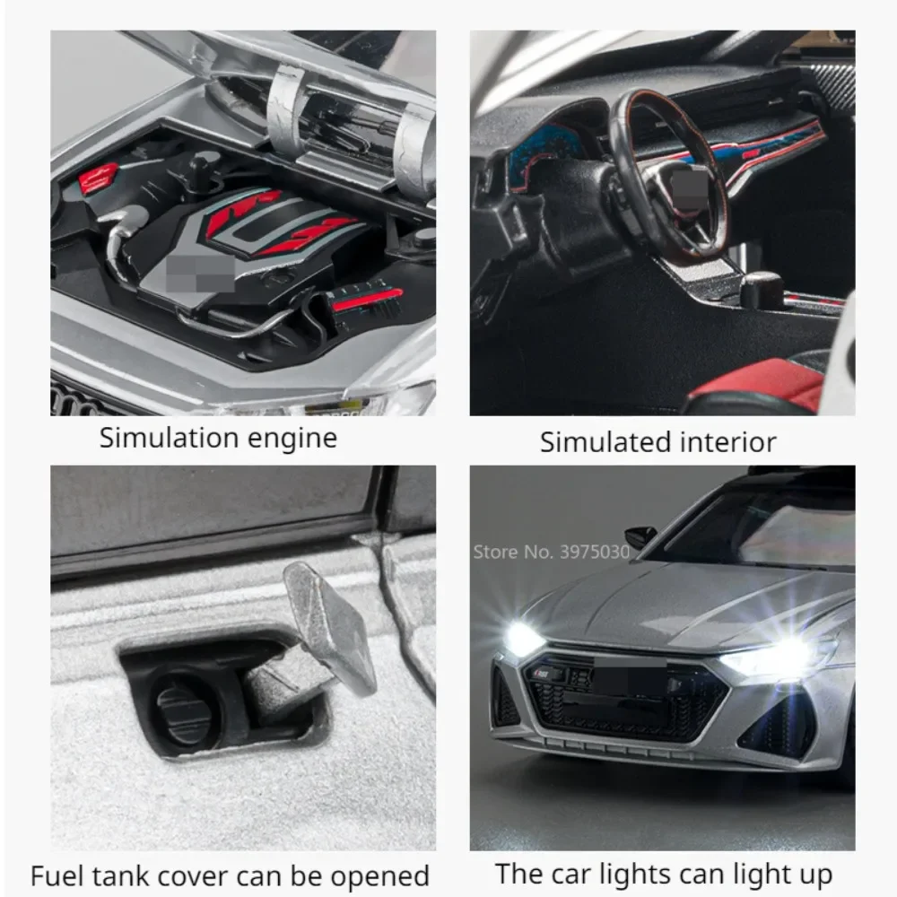 1:24 AUDI RS6 Alloy Miniature Car Model Toy Travel Edition Metal Diecast Vehicle 6 Doors Opened Sound Light Boys Christmas Gifts 5