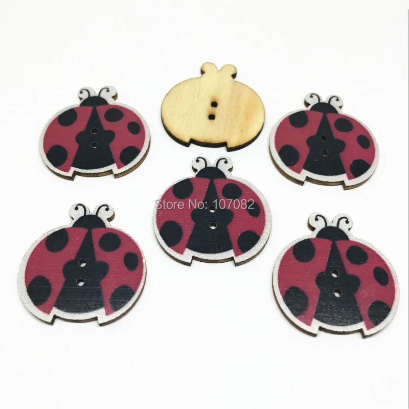 50pcs Wood Sewing Button Scrapbooking Ladybug Ladybirds Buttons Red Two