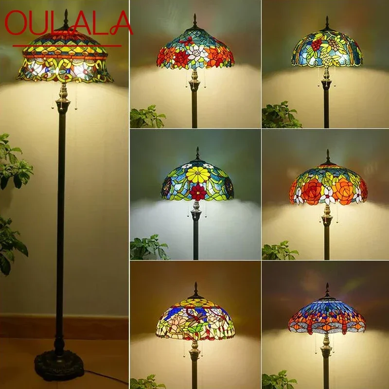 

OULALA Tiffany Floor Lamp American Retro Living Room Bedroom Lamp Country Stained Glass Floor Lamp