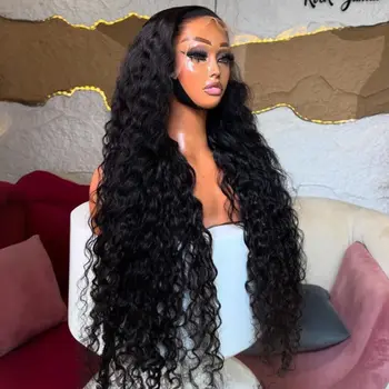 Long Deep Wave Black Color Synthetic 13X4X1 HD Lace Frontal Wig For Black Women Prepucked Bleach Knots Glueless Wig Daily Party