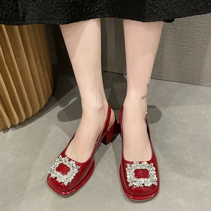 

Women Sandals 2022 Square Toe Women Pumps Crystal Rhinestone Buckle Shallow Mules Pumps Slip on Heels Women Modern Sandals