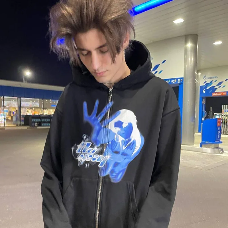 

2022 New Streetwear Fashion Hooded Sweatshirt Women Loose Pocket Sweater Street Sports Zipper Hoodie Man Cardigan Y2K Jacket Man