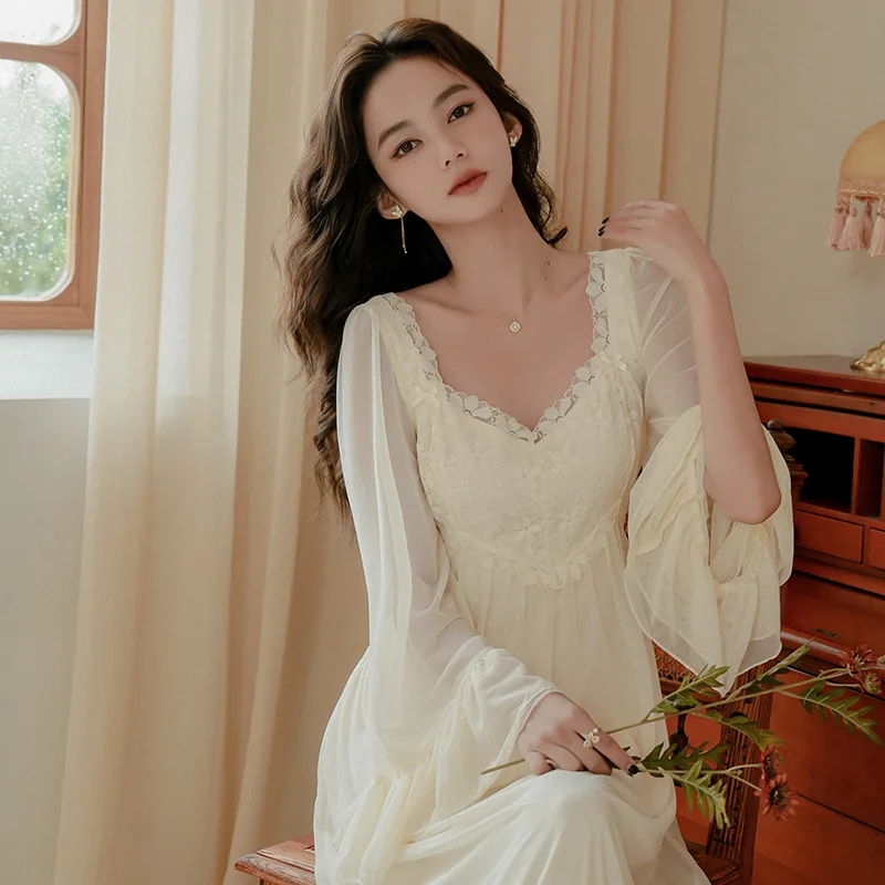 SXTHAENOO Fashion Elegant New Apricot Pajamas Nightdress French Spring Autumn Long Mesh Sleepwear NightgownNight Wears For Women