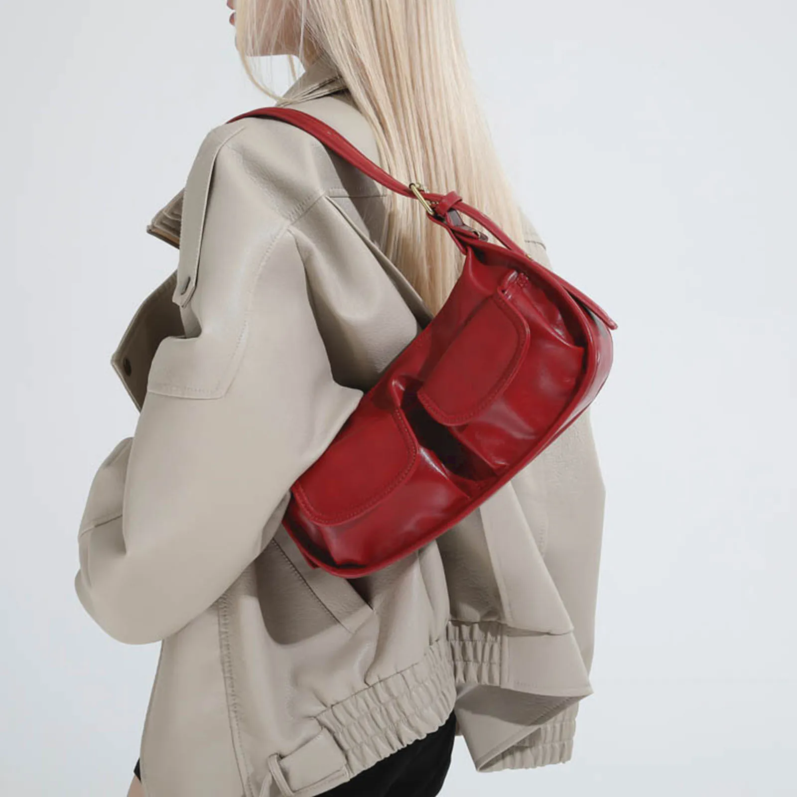 Women PU Leather Small Shoulder Bag Adjustable Strap One Shoulder Armpit Bag with Zipper Retro Underarm Bag for Outing Commuting