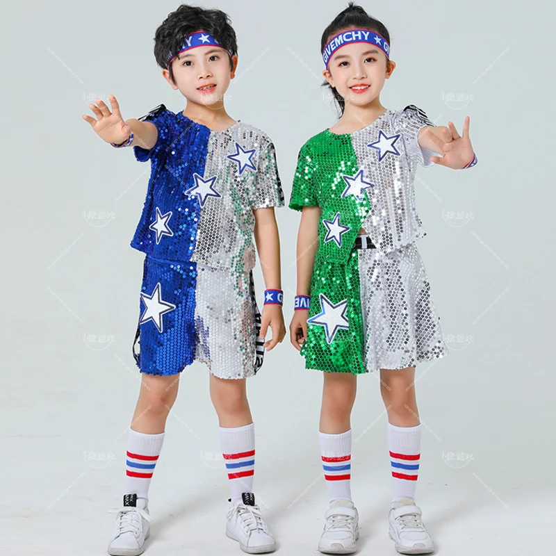 Children's Dance Sequin Costumes, Jazz Hip-hop School Activity Performance Costumes, Short Sleeved Tops and Skirts