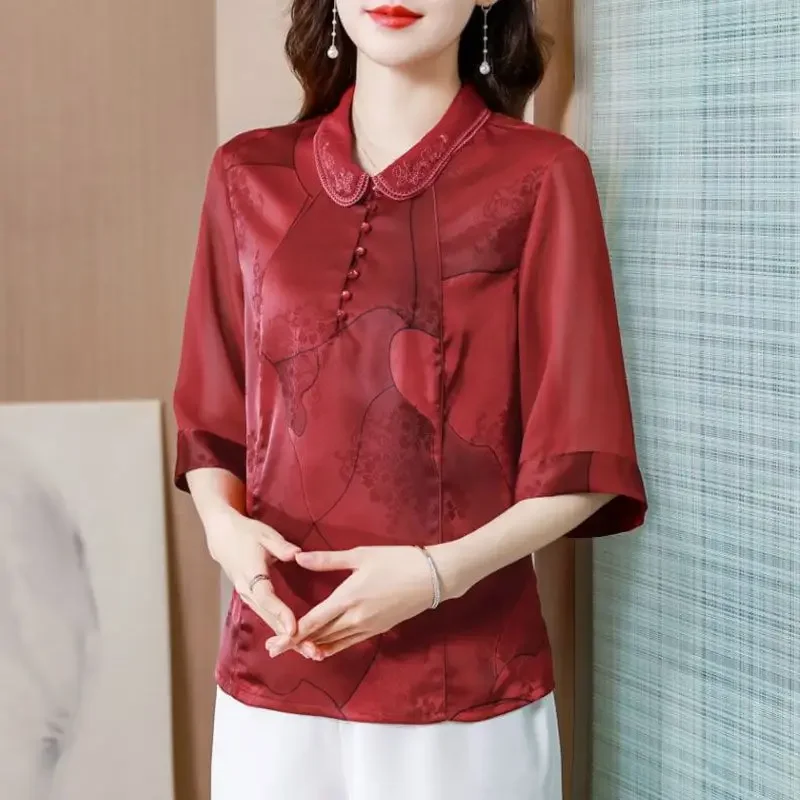 1pcs Women's Blouses tops 2024 Silk Fabric Prints Splicing Chinese Style Peter Pan Collar Primer Shirt Ladies Loose Mom Shirts