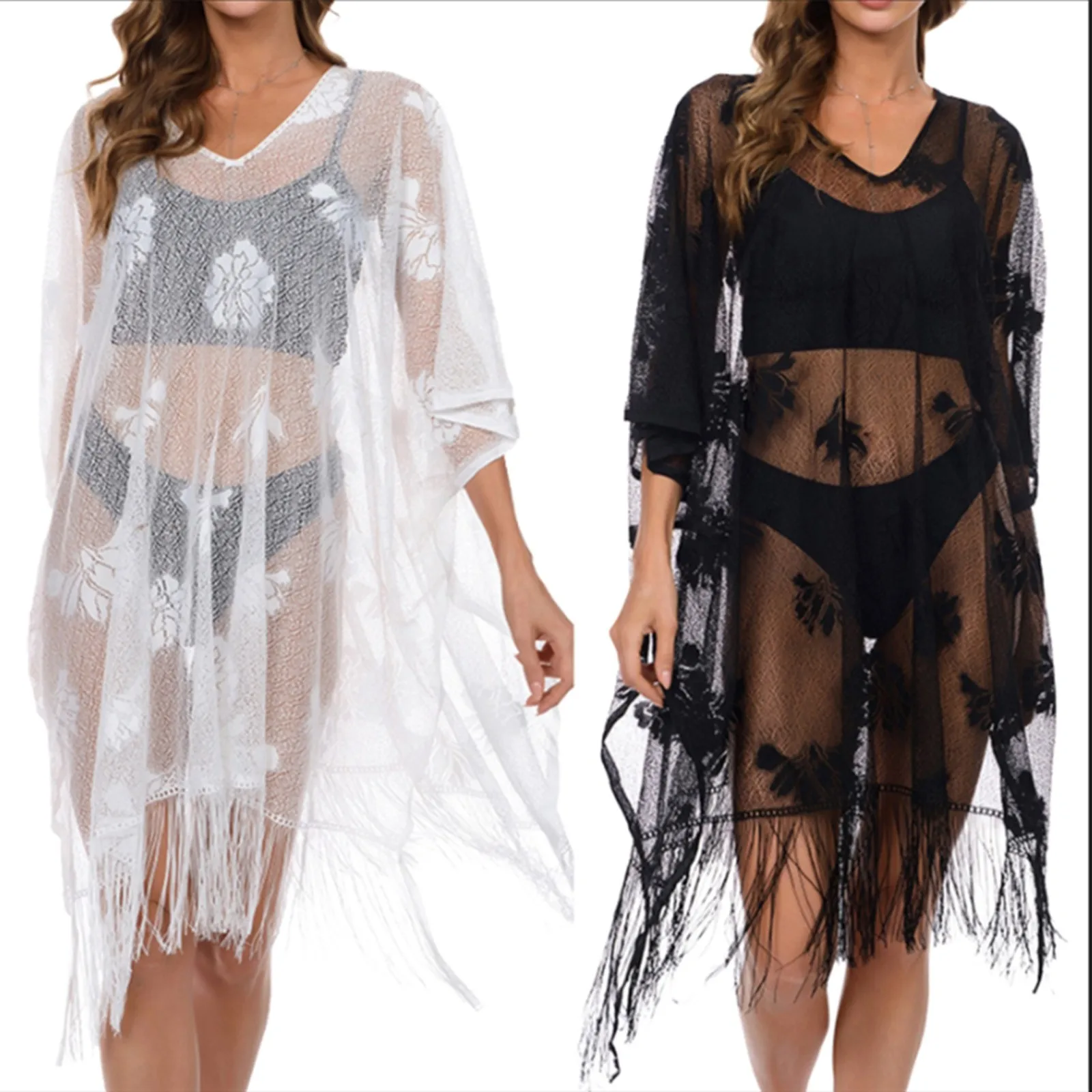 

Women's Fashionable Overclothes Sexy Lace Decor Bikini Cover Up Sunscreen Solid Color Clothing Perspective Smock For Women