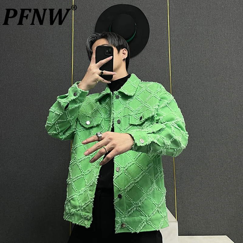 

PFNW Autumn Winter New Men's Denim Jackets High Street Fashion Casual Plaid Raw Edge Design Turn-down Collar Tide Coats 28A0399