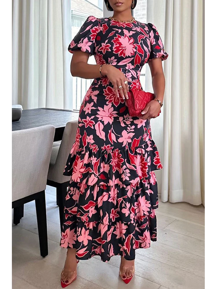 

Print Long Women's Dresses Elegant Chic Office Lady Ruffles Patchwork Short Sleeve Casual Robe Femme Summer