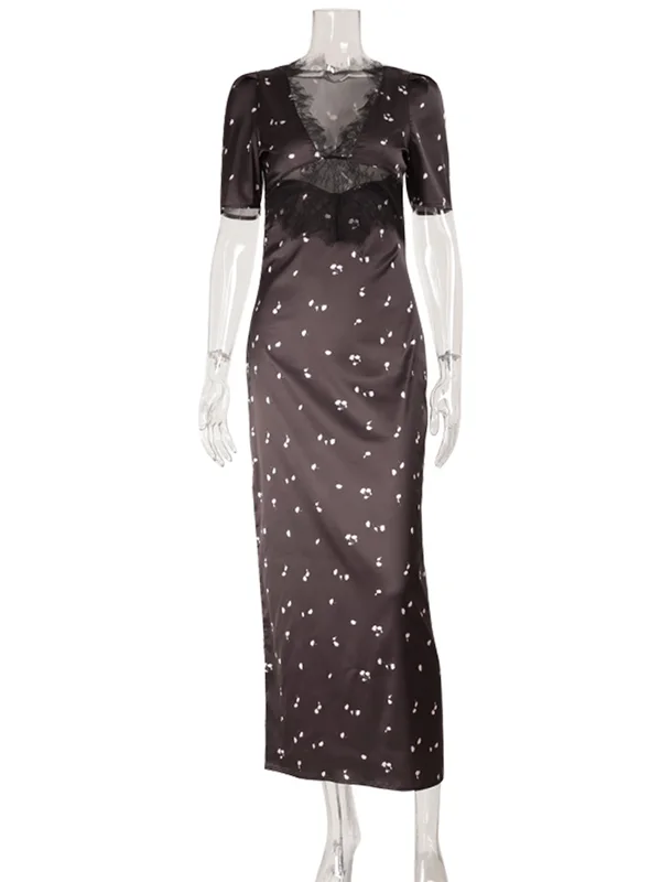 Lace Patchwork Printed Maxi Dresses For Women Fashion Sexy