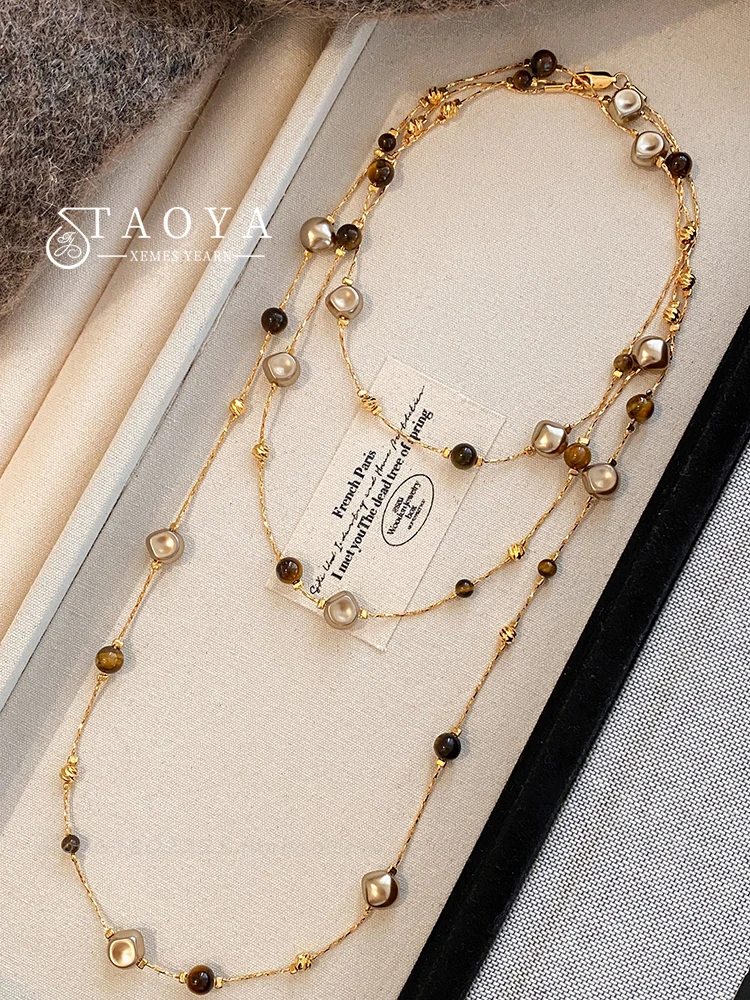 Autumn and Winter Long Tiger Eye Stone Pearl Beads Long Sweater Chain For Women's Popular Necklace 2025 New Jewelry Accessories