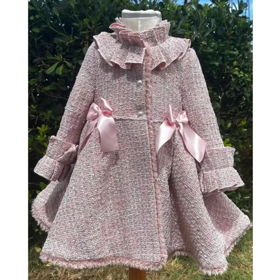 

1-12Y Baby Girl Autumn Winter Handmand Customized Palace England Spanish Red Velvet Princess Wool Coat for Christmas Casual