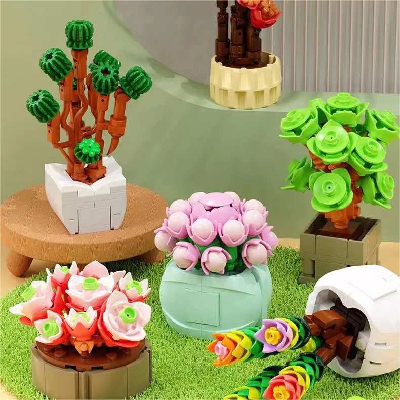 Flower Succulents Building Blocks Everlasting Flower Bonsai Tree Gardens Romantic Bricks Diy Potted Plants Model Kids Kits Toys