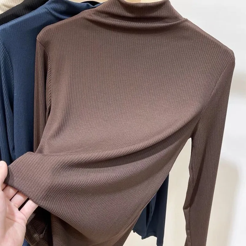 

2023 New Threaded Cotton Plush Half-turtleneck Undershirt Women's Long Sleeve Tops Slim T-shirt Fall Winter Underwear Warm Tees