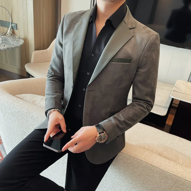 

Top Quality Fashion PU Leather Spliced Collar Blazer Coat Mens Spring Slim Fit Casual Business Wedding Social Suit Jacket Tuxedo