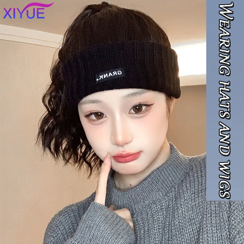 XIYUE Hat and wig integrated for women's autumn and winter warmth sports headbands tie hair curly hair high ponytail wig