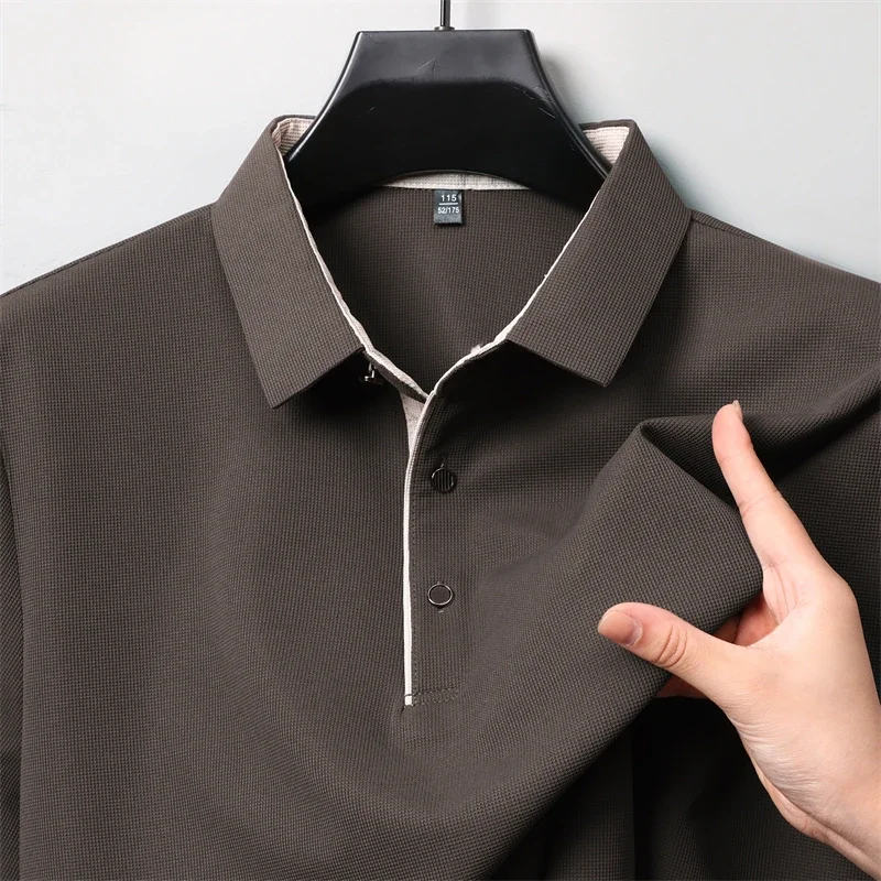 Polo da uomo in tinta unita a maniche lunghe casual da lavoro nuova Top versatile quattro stagioni caldo e confortevole alla moda - immagine 4