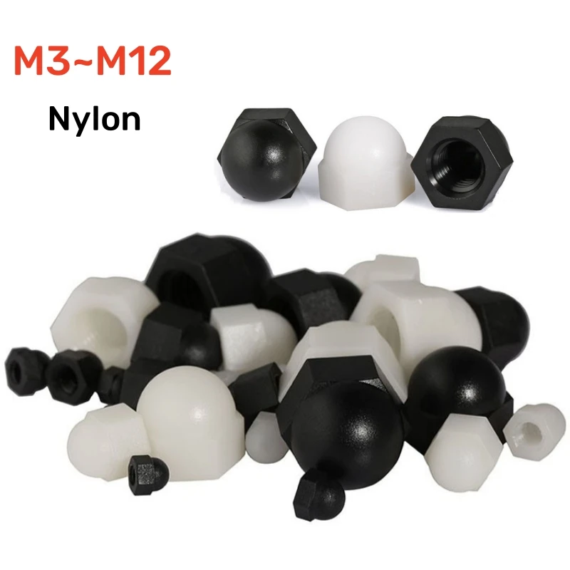 10100pcsNylonAcornCapDomeNutsM3M4M5M6M8M10M12BlackWhite