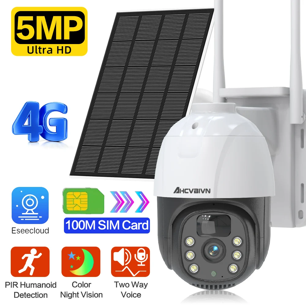 Hd 5Mp Wifi 4G Sim Card Pannello Solare Batteria Ricaricabile Telecamera Ptz Pir Rilevamento Umano Telecamera Di Sicurezza Per Visione Notturna A Colo