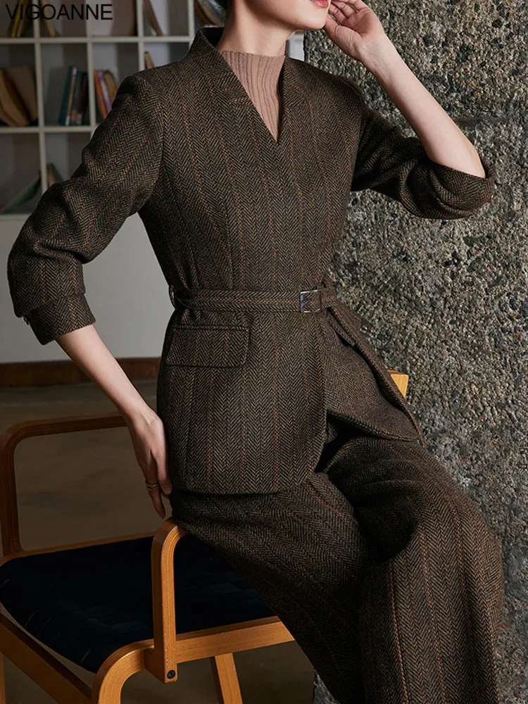 2025 Autumn Women Brown Slim Professional Suit High Waist Staight Long Pants Set Lady Office Trousers Coat 2 Piece Blazer Suit 3