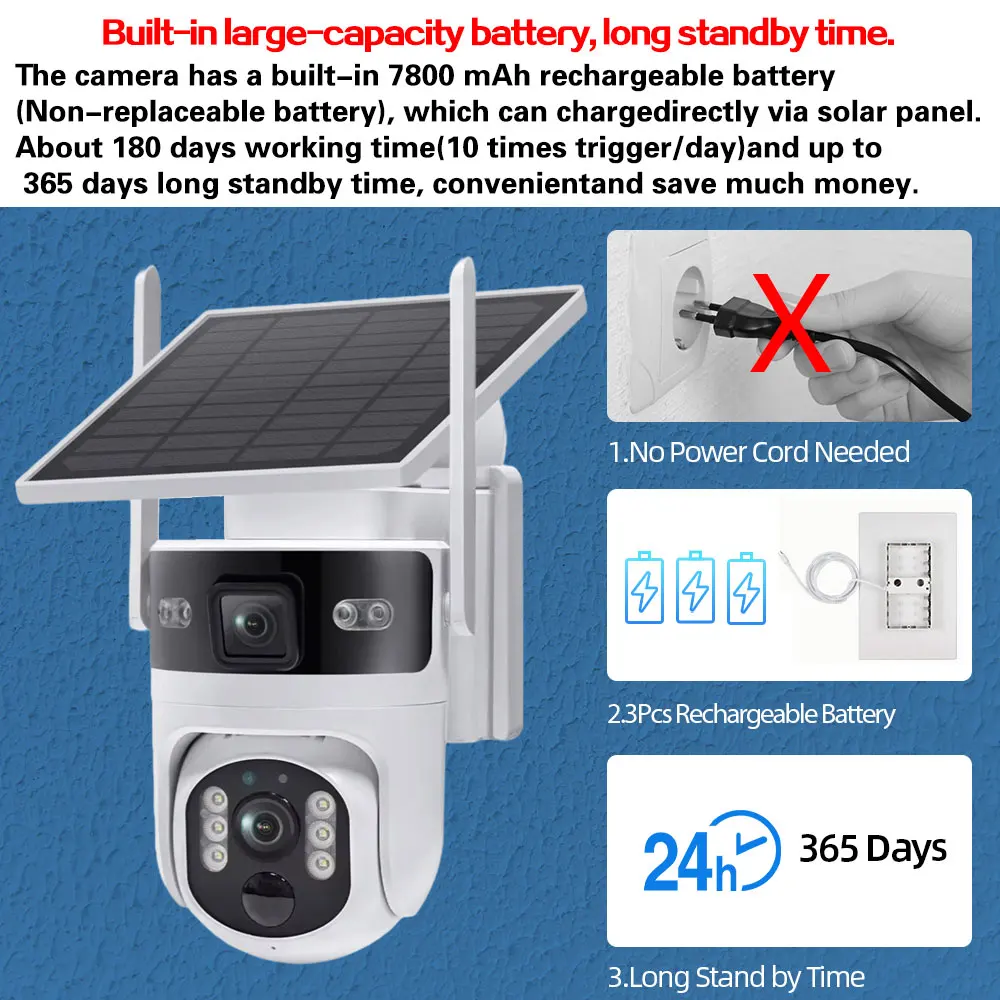 4G SIM Solar PTZ Wireless Camera Outdoor Dual Lens 8MP 4K IP Camera PIR Detection Solar Panel CCTV Security with Battery 5