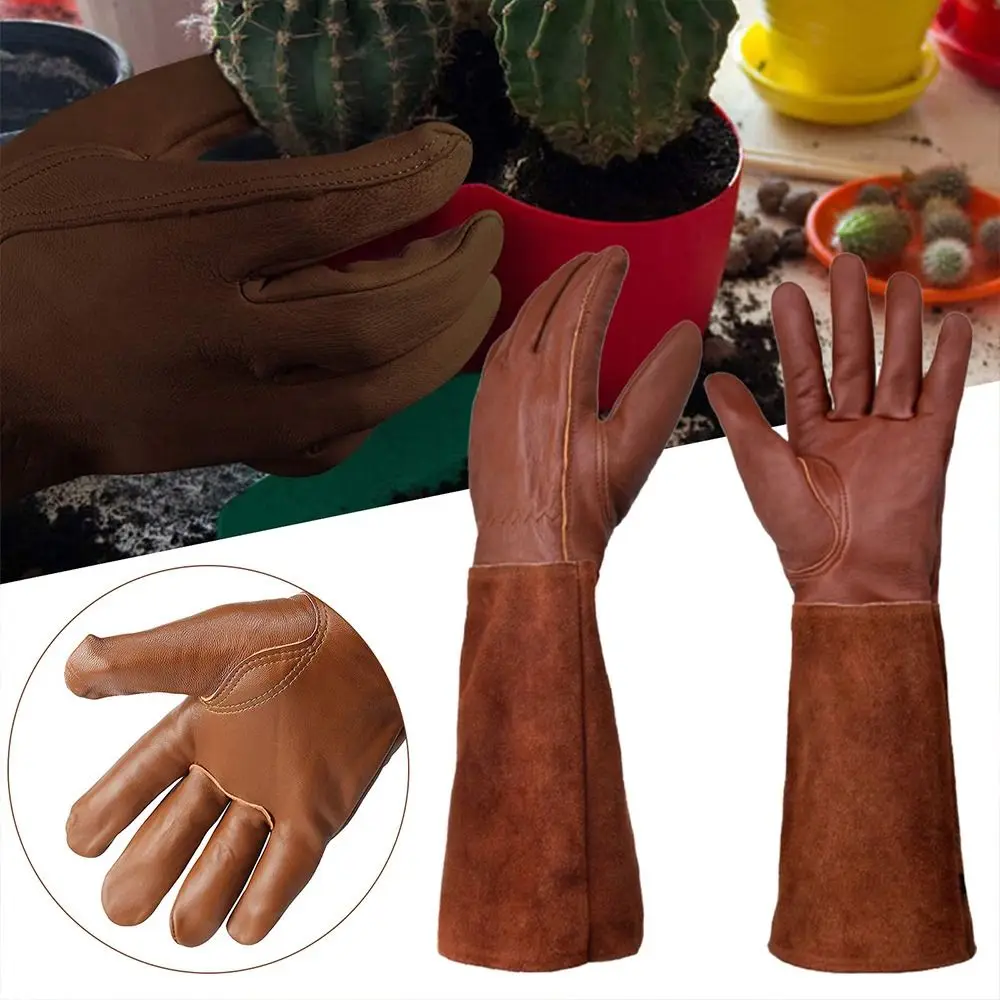 

Leather Gardening Mitts Tool Safety Long Tube Gardening Gloves Coffee Thorn Proof Breathable Gauntlet Garden