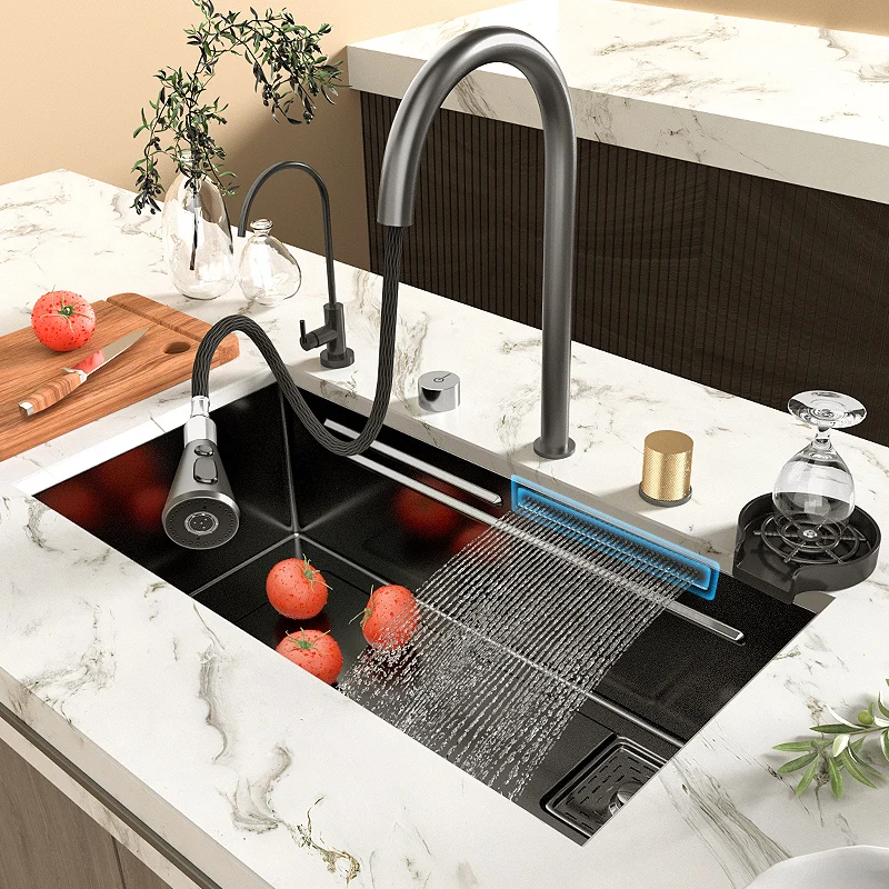 Waterfall Fauccet Tap Kitchen Sink with  Stainless Steel Large Size Bowl Black Topmount/Undermount Wash Basin  Cutting Board