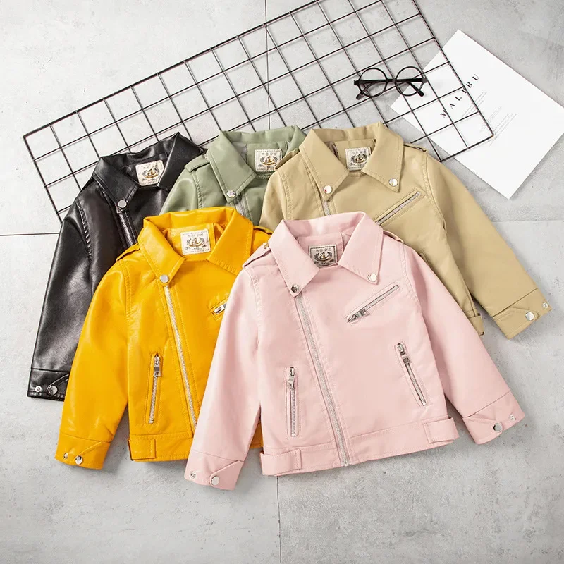 

Кожаное пальто для девочек, куртка на молнии с карманами для мальчиков и девочек, новинка 2023, модная однотонная Одежда для мальчиков 2-7 лет, детская одежда