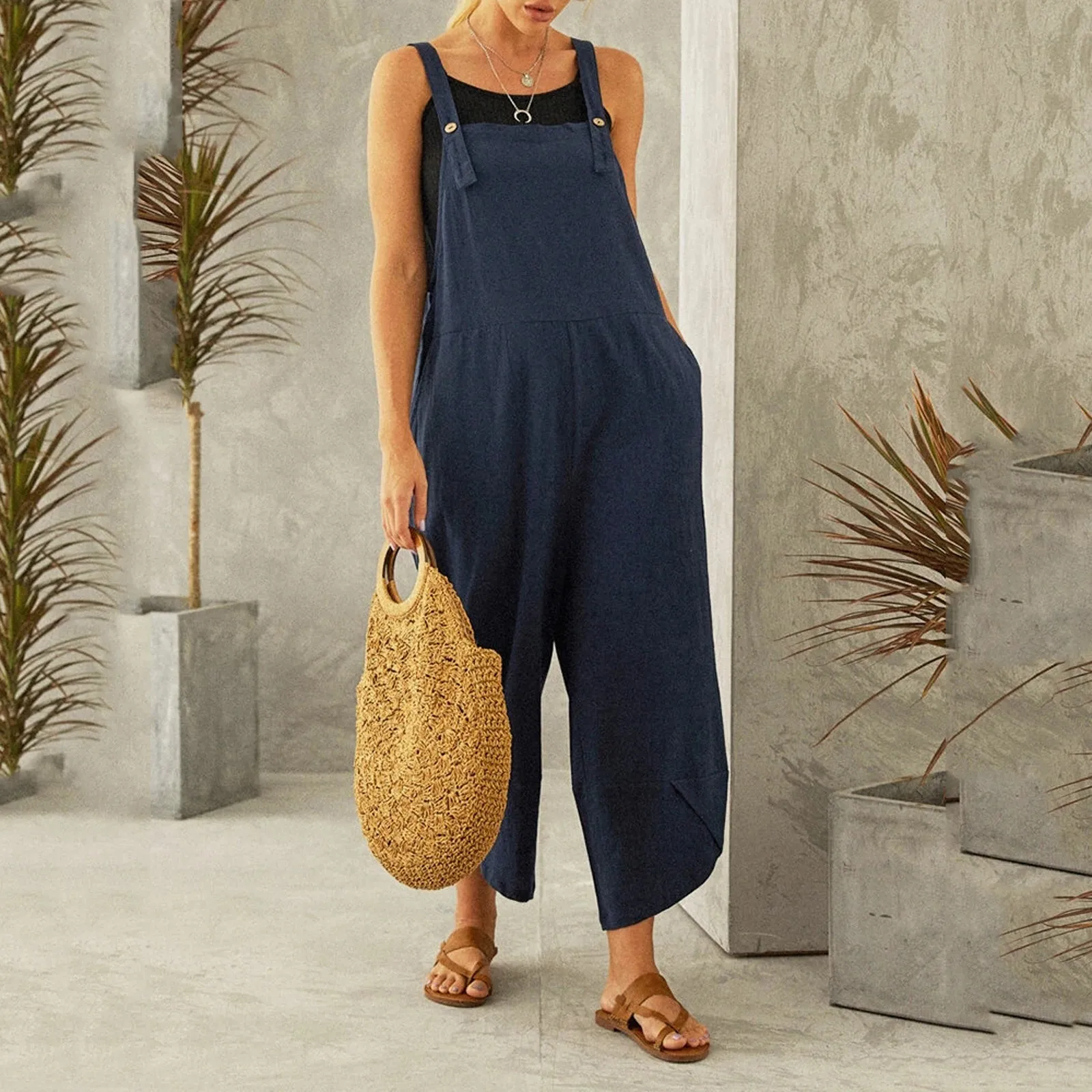 

Casual Jumpsuit Women Spaghetti Strap Sleeveless Baggy Playsuit Loose Wide Leg Rompers With Pockets Overalls комбинезон женский