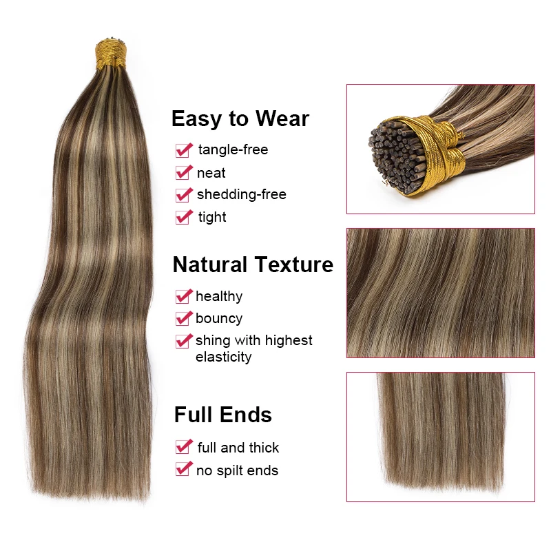I Tip Hair Extensions Machine Made Remy Straight Natural Fusion Hair Extensions 50pcs/Set Keratin Capsules Ombre Blonde Colored