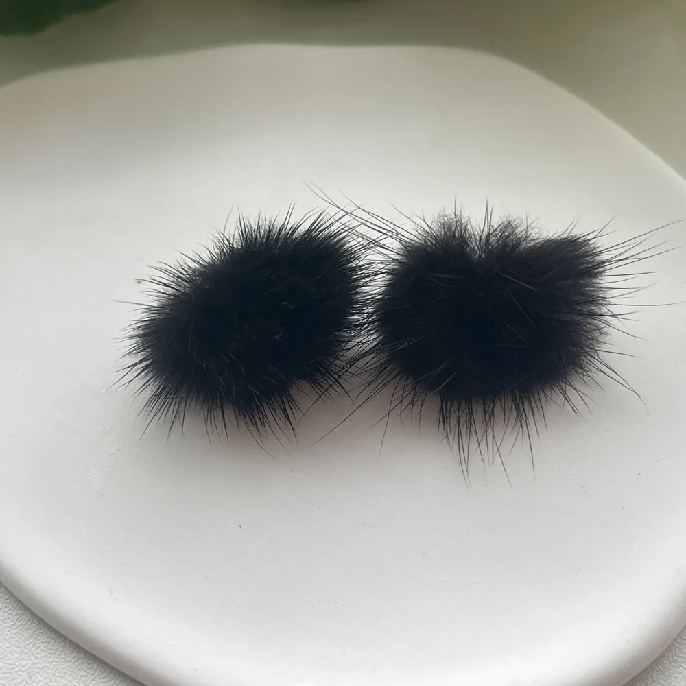 Genuine Mink Fur Ball Fur Pom Pom Stud Earrings For Women SOFT Jewelry Cute Christmas Gift stud earrings