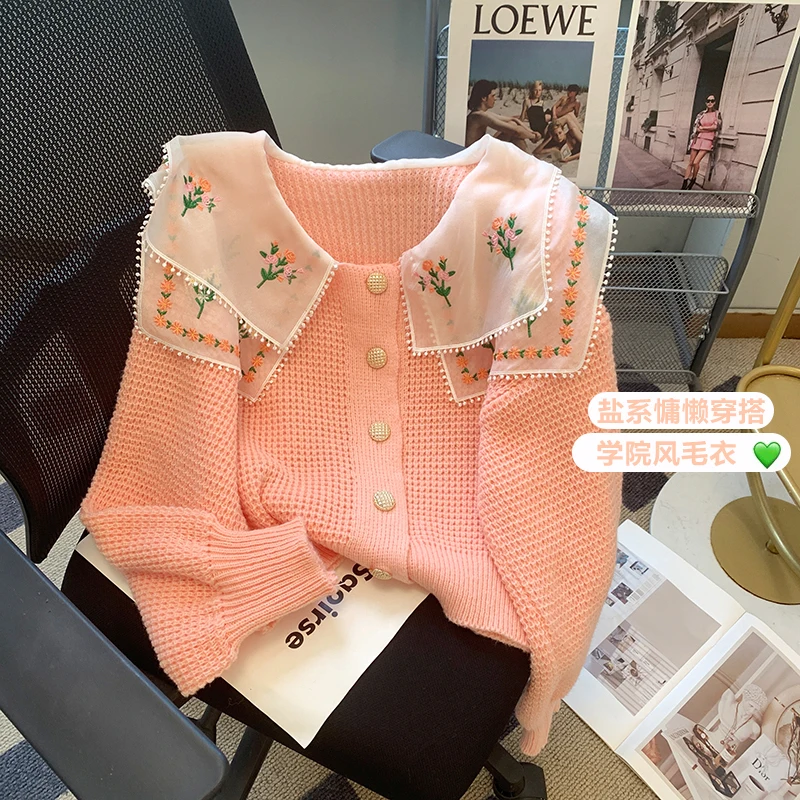 

Women Cardigans Embroidered Floral Sweet Peter Pan Collar Autumn Winter Sweaters Vintage Elegant Chaquetas Knitwear Tops Jumpers