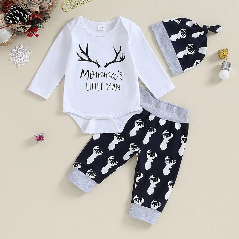 

0-18M Baby Boys Christmas Rompers Outfits Letter Print Long Sleeve Romper Deer Head Pattern Pants Hat Infant Fall Clothes