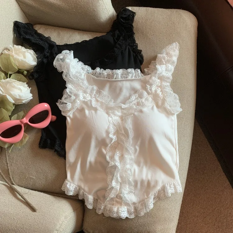 순수한 욕망 미적 달콤한 매운 레이스 접합 가슴 패드 짧은 자른 조끼 여성 여름 직접 상점 추천
