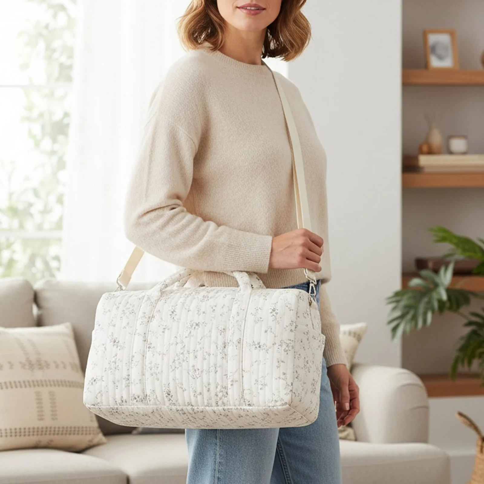 Mala de viagem feminina acolchoada em algodão, tamanho médio, com grande capacidade e alça de ombro ajustável para uso diário._voghion.com