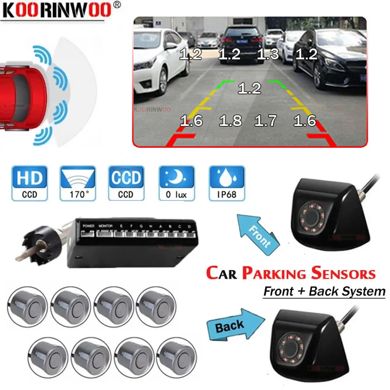 

Парктроник Koorinwoo, умная система для автомобильных парковочных датчиков, 8/6/4 дюймов, задняя и передняя камеры, звуковой зуммер, шоу препятствий на Android радио