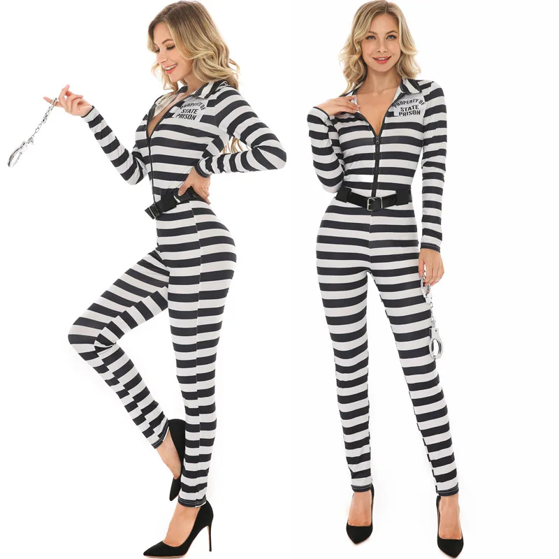 

Adult Women Prisoner Convict Black White Stripe Long Sleeves Jumpsuit Halloween Cosplay Costumes Role Play Outfit
