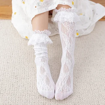 Summer Thin Lace Mesh JK Lolita Frilly Stockings Cute Mother Kids Ruffle White Black Knee High Long Socks for Girls Children 1