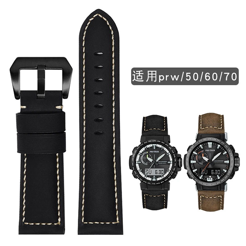 Per Casio Protrek Series Prg-600 Prg-650 Prw-6600 Prw-60 Prw-30 Prw-50/70Yt Cinturino Cinturino In Pelle Italiana Smerigliata Vintage 24Mm