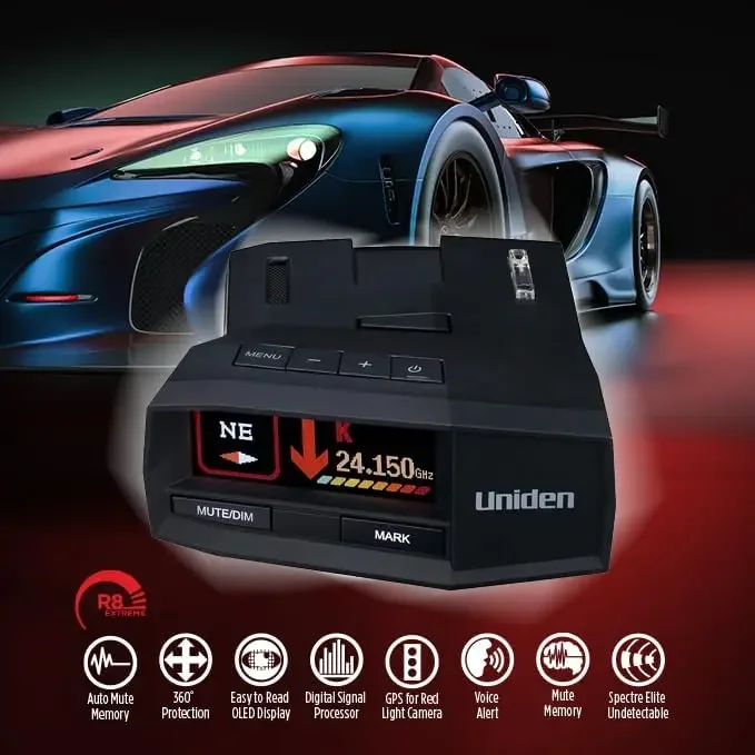 R8 Extreme Long-Range Radar/Laser Detector Dual-Antennas Front & Rear Detection Built-in GPS W/Real-Time Alerts