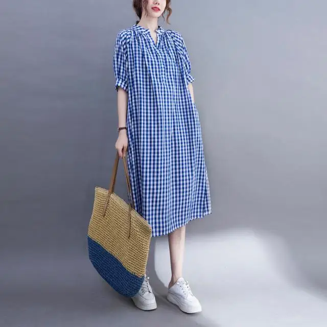

2024 Women's Summer Fashion Loose Casual Dresses Female V-neck Plaid Shirt Dress Ladies Short Sleeve Straight Vestidos X43